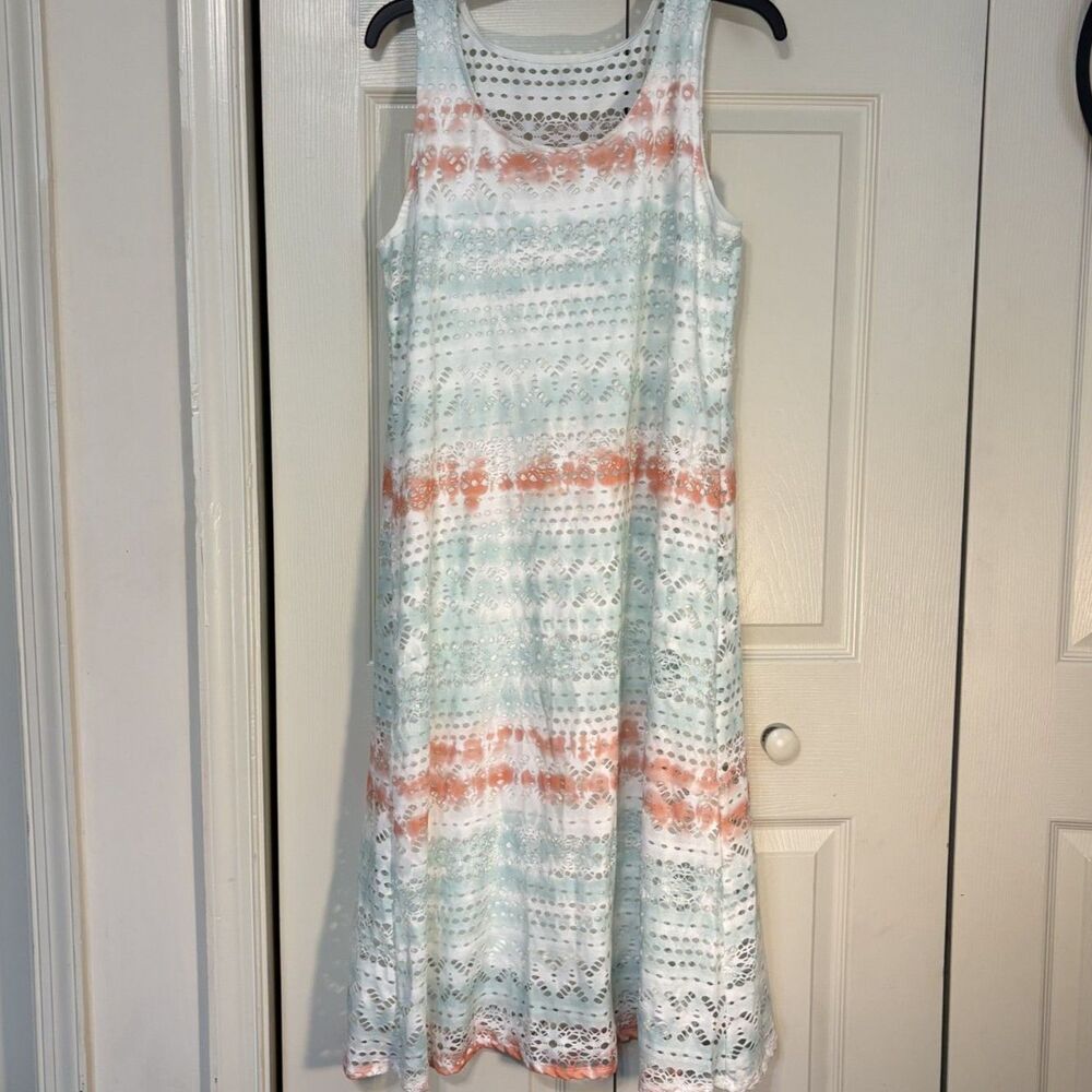 Cloth & Portrait Women's Medium Sleeveless A-line Eyelet Dress White green coral